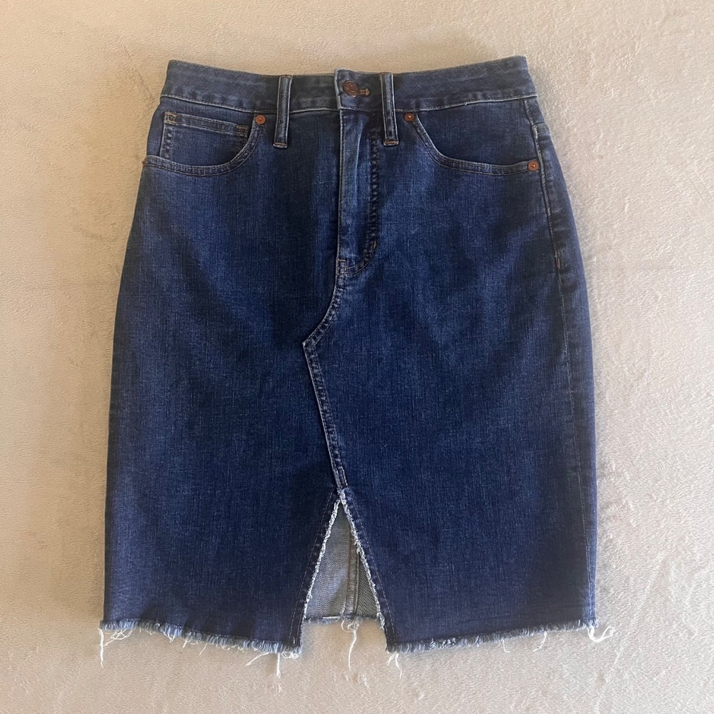 Madewell Women's Raw Hem Front Slit Denim Skirt Blue Stretch Midi  Size 27